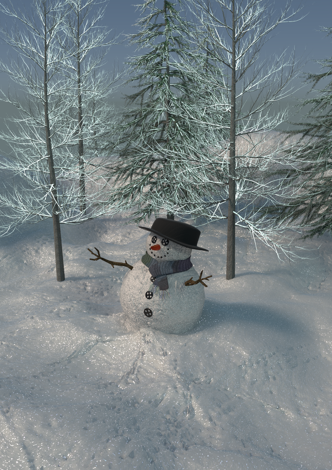 3D rendering. A snow man in front of a couple of snowy trees on a snowy plane. The snow is extremely sparkly. There are various footprints in the snow. The snow man has two stick arms, a carrot nose, buttons for eyes and mouth, and is wearing a knit scarf and a hat.